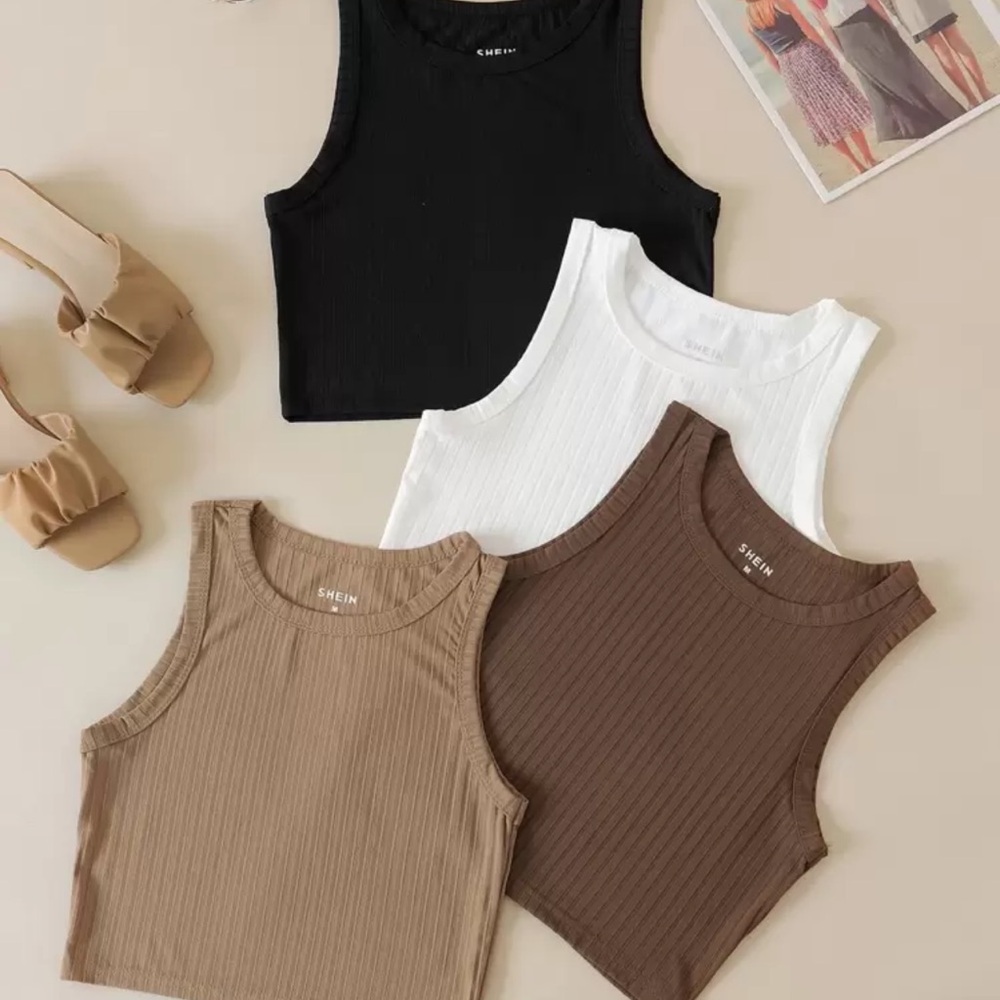 SHEIN Women's Ribbed Tank Tops - Black, White, Brown (4 shirts)